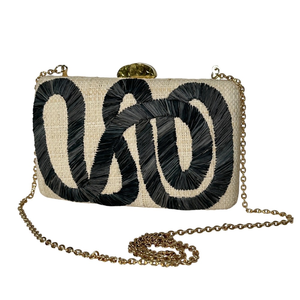 Kayu Box Clutch Woven Raffia Straw Black Natural Gold Chain Purse Bag Crossbody